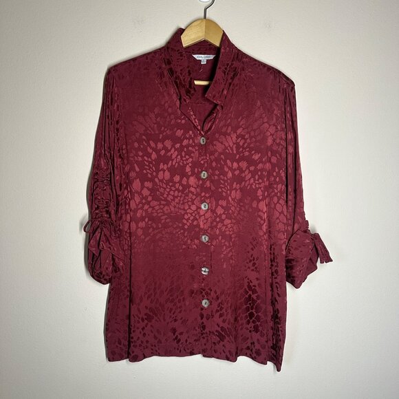 John Mark Leopard Jacquard Long Sleeve Tunic Womens Size L Boho Satin Shirt Red - Picture 2 of 9